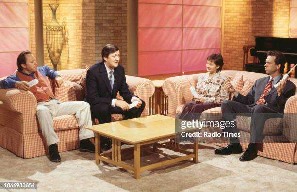 Comic actors Robert Daws, Stephen Fry, Janine Duvitski and Hugh Laurie in a sketch from the BBC television series 'A Bit of Fry and Laurie', April...