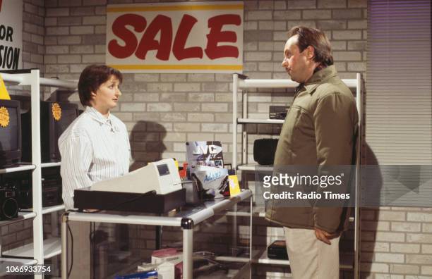Comic actors Janine Duvitski and Robert Daws in a sketch from the BBC television series 'A Bit of Fry and Laurie', April 12th 1994.