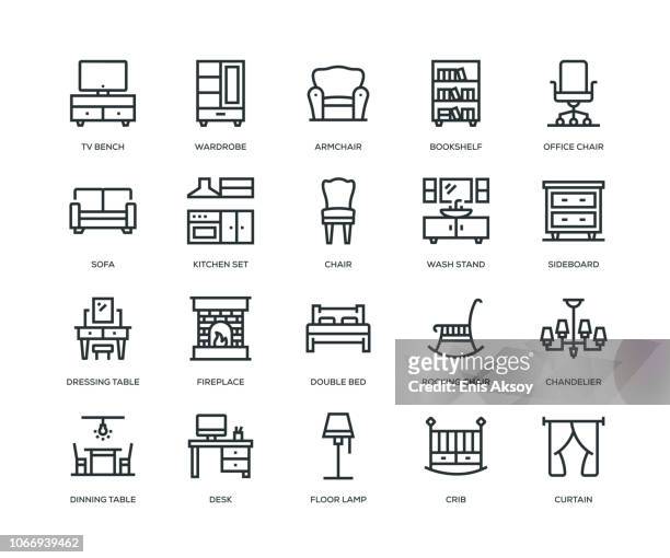 ilustrações de stock, clip art, desenhos animados e ícones de furniture icons - line series - cortina