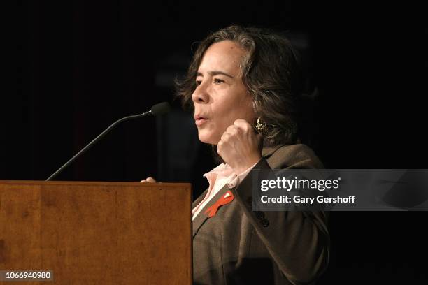 First Deputy Commissioner of the New York City Department of Health and Mental Hygiene Dr.Oxiris Barbot speaks on stage during World AIDS Day at...