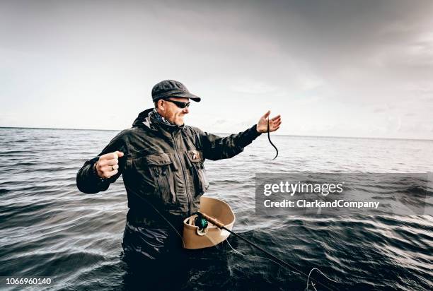 fly fisherman fishing in the baltic sea in denmark - wading boots stock pictures, royalty-free photos & images