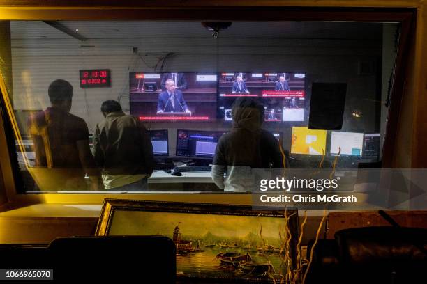 Staff of El Sharq TV broadcast Turkish President Recep Tayyip Erdogan speaking about the murder of Saudi journalist Jamal Khashoggi at the TV...