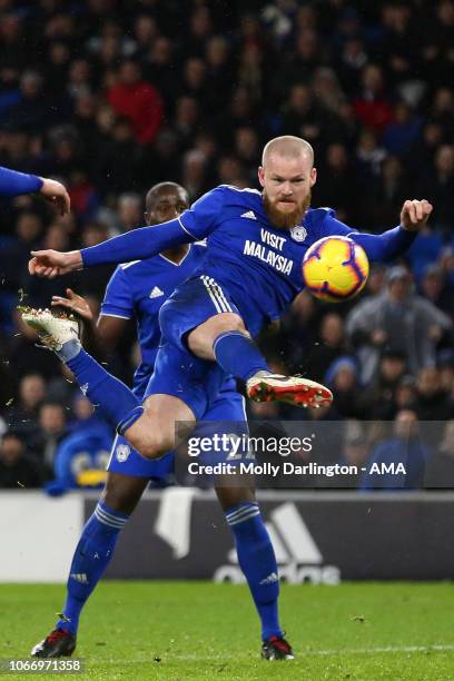 Aron Gunnarsson of Cardiff City scores a goal to make it 1-1 during the Premier League match between Cardiff City and Wolverhampton Wanderers at...