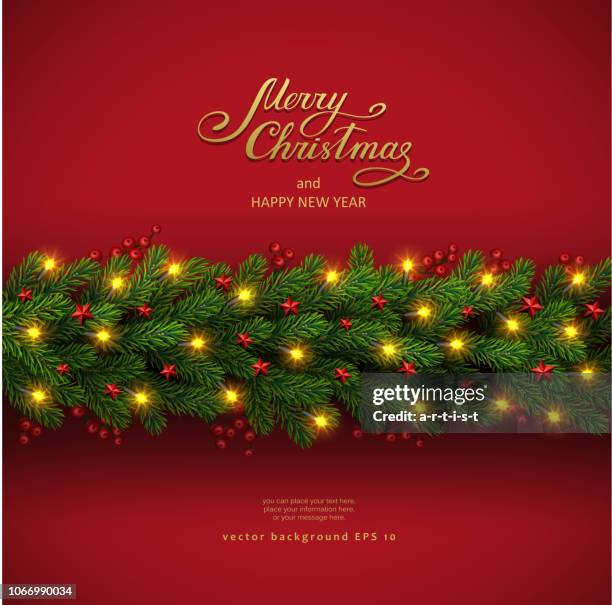 stockillustraties, clipart, cartoons en iconen met kerstmis achtergrond met fir tree en elektrische garland - spar conifeer
