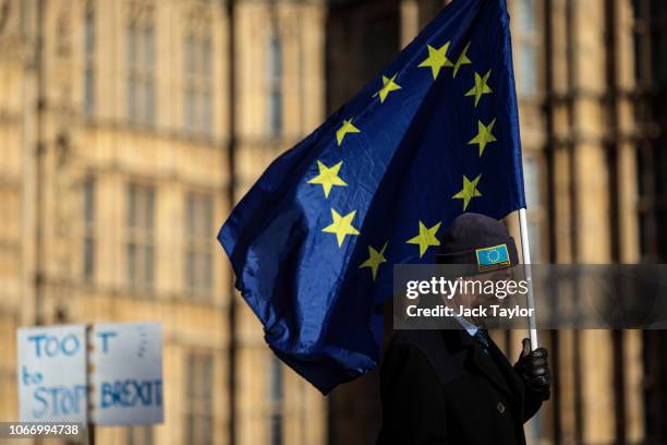 Pro-EU protesters demonstrate against Brexit with flags outside the House of Parliament on November 13, 2018 in London, England. Downing Street has...