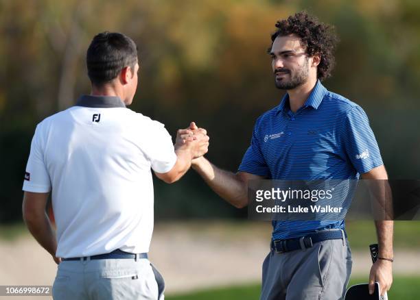 Clement Sordet of France and Rhys Enoch during Day Four of the European Tour Qualifying School Final Stage at Lumine Golf Club on November 13, 2018...
