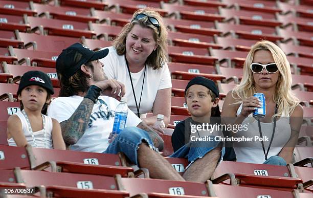 Pamela Anderson,Tommy Lee and 2 children Brandon Thomas and Dylan Jagger watch the X Games - Moto X Freestyle competition at the AL Coliseum in Los...