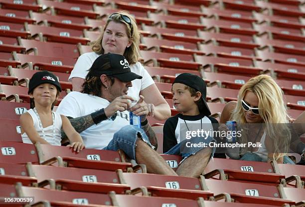 Pamela Anderson,Tommy Lee and 2 children Brandon Thomas and Dylan Jagger watch the X Games - Moto X Freestyle competition at the AL Coliseum in Los...