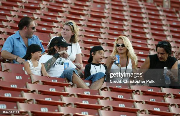 Pamela Anderson,Tommy Lee and 2 children Brandon Thomas and Dylan Jagger watch the X Games - Moto X Freestyle competition at the AL Coliseum in Los...