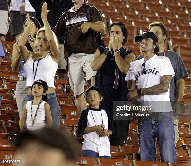 Pamela Anderson,Tommy Lee and 2 children Brandon Thomas and Dylan Jagger watch the X Games - Moto X Freestyle competition at the AL Coliseum in Los...