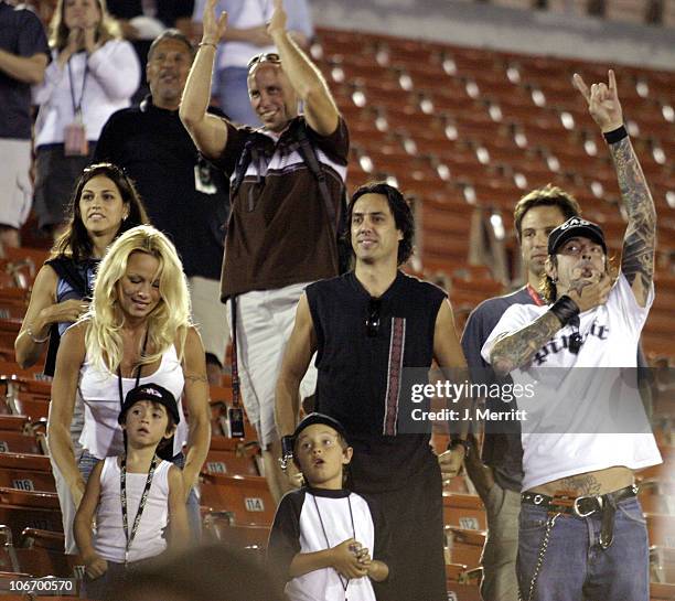 Pamela Anderson,Tommy Lee and 2 children Brandon Thomas and Dylan Jagger watch the X Games - Moto X Freestyle competition at the AL Coliseum in Los...