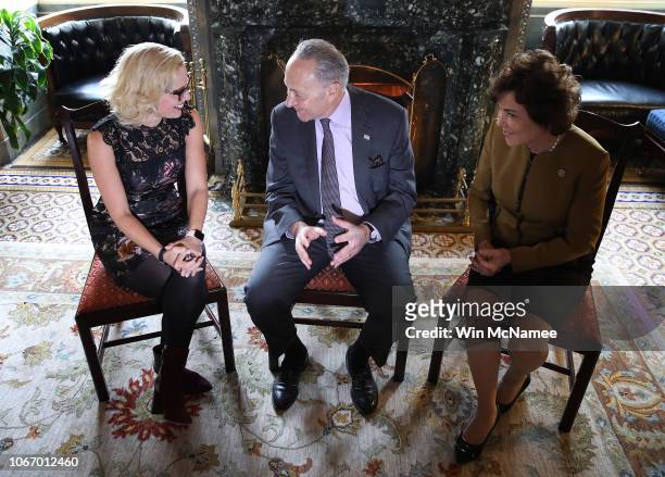 Senate Minority Leader Chuck Schumer meets with newly-elected Democratic senators-elect Kyrsten Sinema and Jacky Rosen in his office at the U.S....