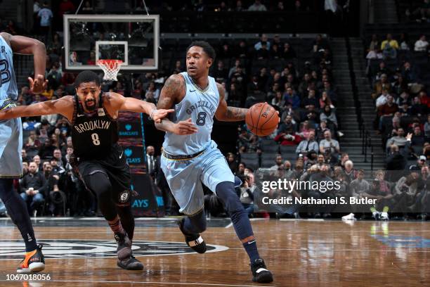 MarShon Brooks of the Memphis Grizzlies handles the ball against the Brooklyn Nets on November 30, 2018 at the Barclays Center in Brooklyn, New York....