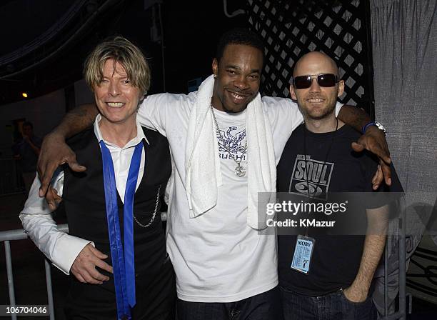 David Bowie, Busta Rhymes and Moby during Area:2 Festival at Jones Beach Theater on Long Island, NY - Backstage at Jones Beach Theater in Wantagh,...