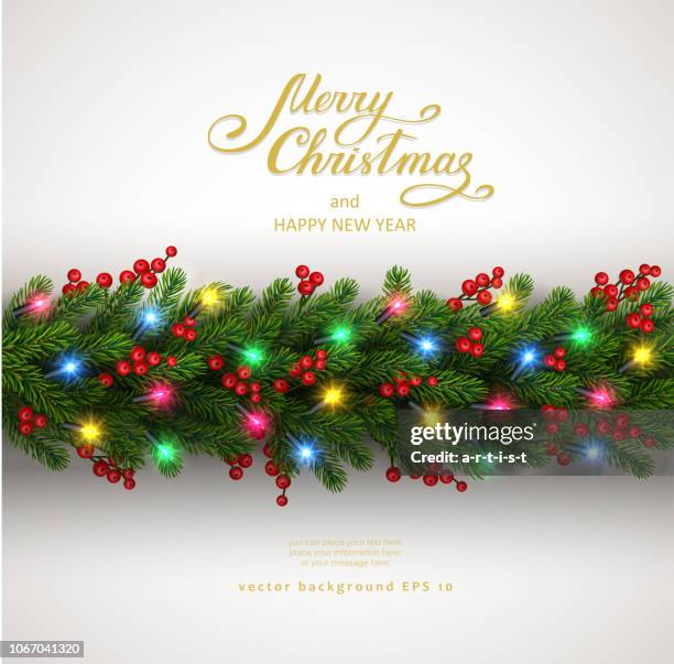 weihnachten hintergrund mit tanne und elektrische girlande - nadel pflanzenbestandteile stock-grafiken, -clipart, -cartoons und -symbole