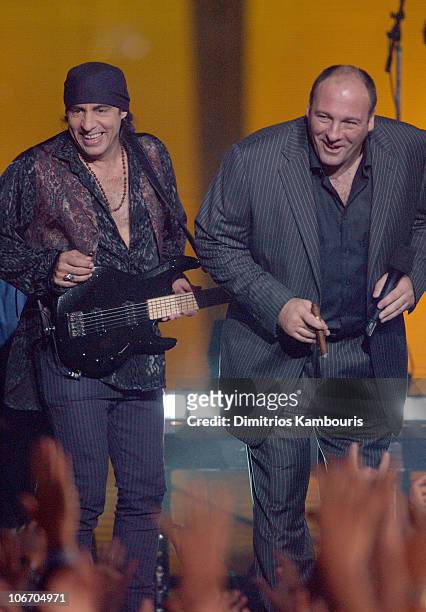 Steven Van Zandt and James Gandolfini during Bruce Springsteen and the E Street Band Perform on the 2002 MTV Video Music Awards at American Museum of...