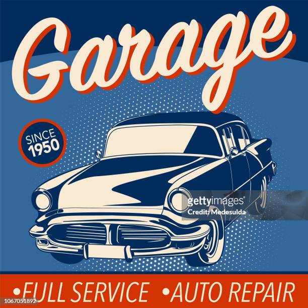 oldtimer-vektor garage - vintage car stock-grafiken, -clipart, -cartoons und -symbole