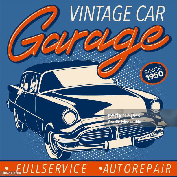 bildbanksillustrationer, clip art samt tecknat material och ikoner med vintage bil vektor garage - old car