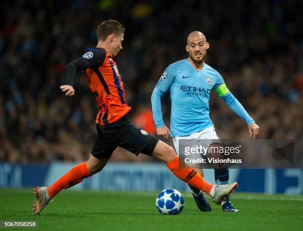 David Silva of Manchester City in action during the Group F match of the UEFA Champions League between Manchester City and FC Shakhtar Donetsk at...