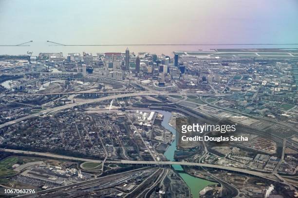 aerial view of cleveland city and lake erie - cleveland ohio stock pictures, royalty-free photos & images