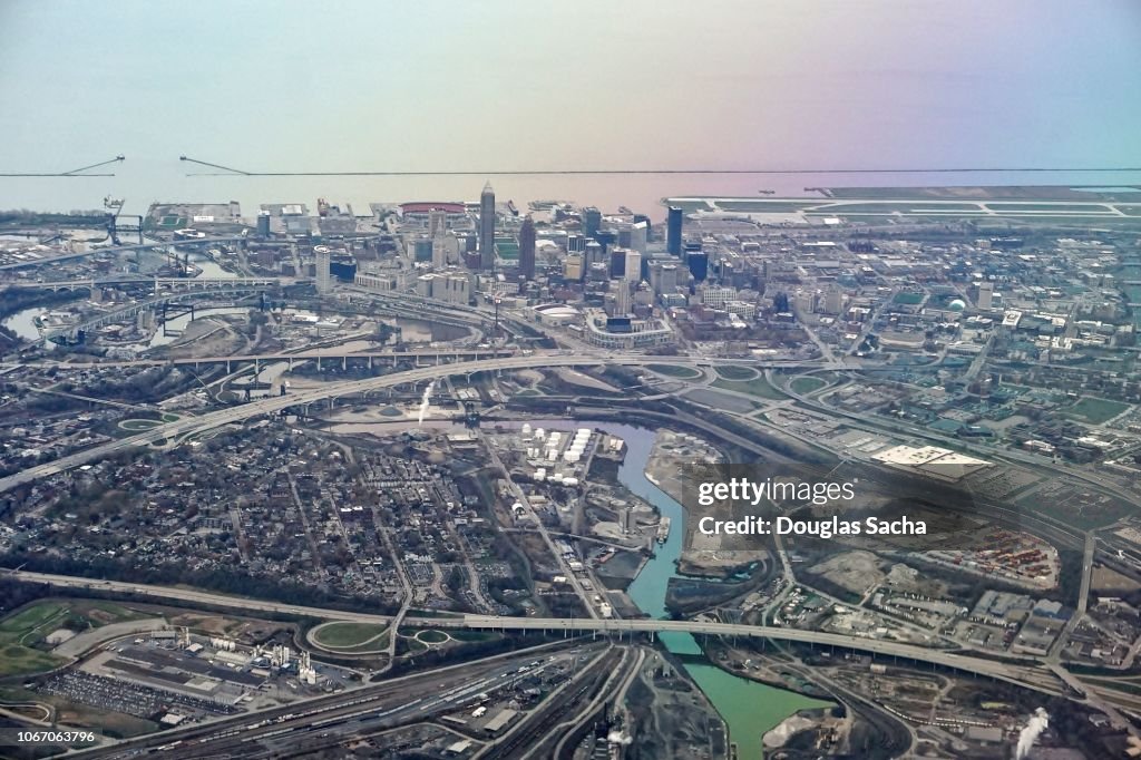 Aerial view of Cleveland City and Lake Erie