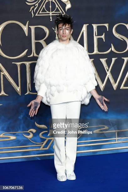 Ezra Miller attends the UK Premiere of "Fantastic Beasts: The Crimes Of Grindelwald" at Cineworld Leicester Square on November 13, 2018 in London,...