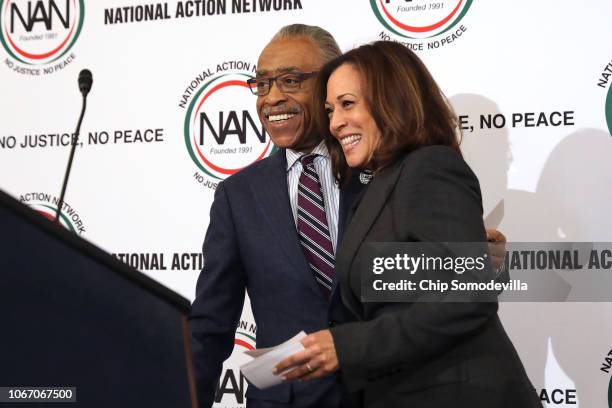 The Rev. Al Sharpton welcomes Sen. Kamala Harris to the podium before she addresses a post-midterm election meeting of Sharpton's National Action...