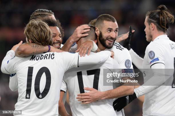 Lucas Vazquez celebrates after scoring goal 0-2 during the UEFA Champions League match group G between AS Roma and Real Madrid FC at the Olympic...