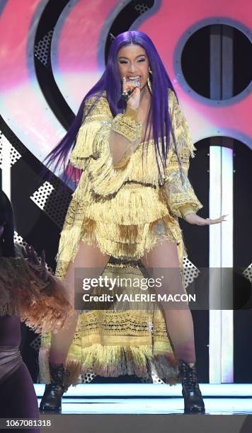 Rapper Cardi B performs onstage during the KIIS FM's iHeartRadio Jingle Ball 2018 at the Forum Los Angeles in Inglewood on November 30, 2018. - The...