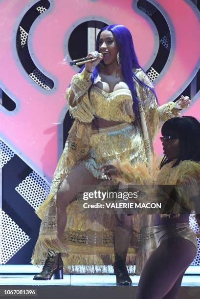 Rapper Cardi B performs onstage during the KIIS FM's iHeartRadio Jingle Ball 2018 at the Forum Los Angeles in Inglewood on November 30, 2018. - The...