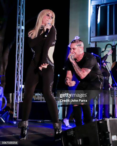 Noelia and Osmani Garcia perform at the 2018 Little Havana Fridays Kickoff during the unveiling of the flag of Little Havana th, where Pitbull was...