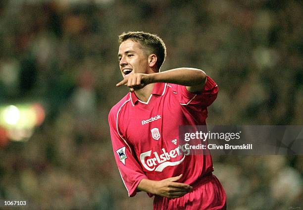 Michael Owen of Liverpool celebrates during the FA Carling Premiership match against Aston Villa at Anfield, in Liverpool, England. Liverpool won the...