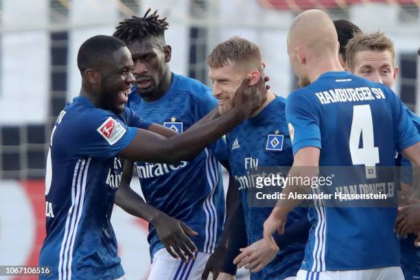 Aaron Hunt of Hamburg celebrates scoring the opning goal with his team mates during the Second Bundesliga match between FC Ingolstadt 04 and...