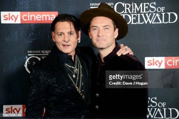 Johnny Depp and Jude Law attend 'Fantastic Beasts: The Crimes Of Grindelwald' UK Premiere at Cineworld Leicester Square on November 13, 2018 in...