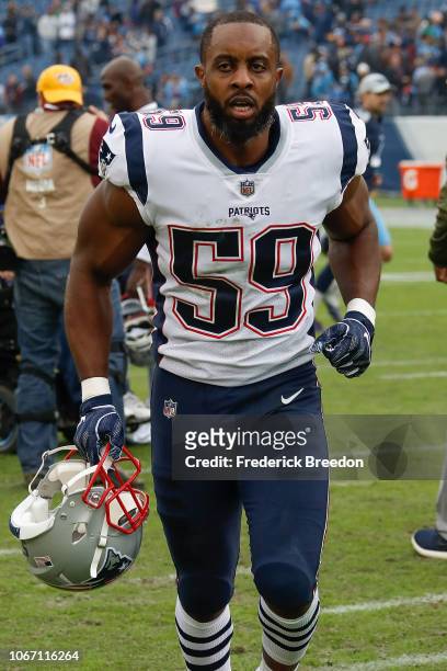 Albert McClellan of the New England Patriots leaves the field after a game against the Tennessee Titans at Nissan Stadium on November 11, 2018 in...