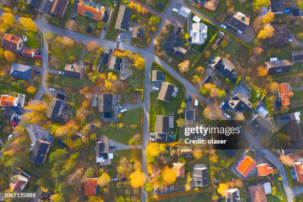 top view, flying over villa area - scandinavia map stock pictures, royalty-free photos & images