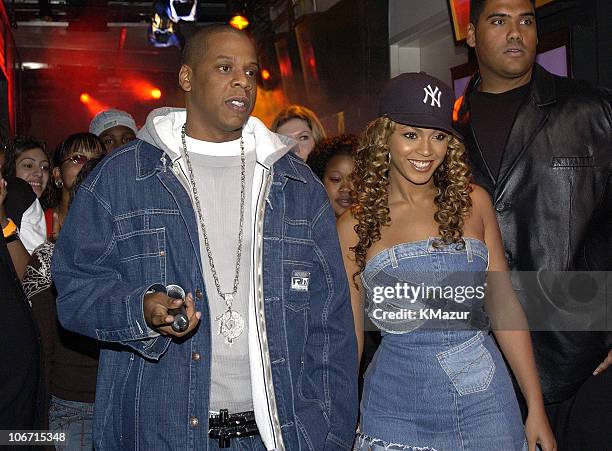 Jay-Z and Beyonce Knowles during "Spankin' New Music Week" with Jay-Z, Beyonce Knowles and Solange Knowles on MTV's "TRL" - November 21, 2002 at MTV...