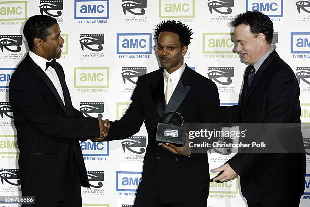 Denzel Washington, Jamie Foxx and Tom Hanks during The 17th Annual American Cinematheque Award Honoring Denzel Washington - Arivals and Press Room at...