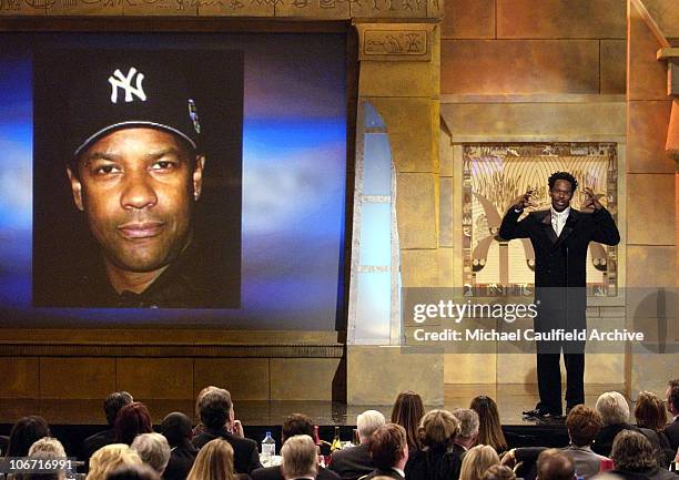 Jamie Foxx jokes about Denzel's hat preference. During The 17th Annual American Cinematheque Award Honoring Denzel Washington - Show and Backstage at...