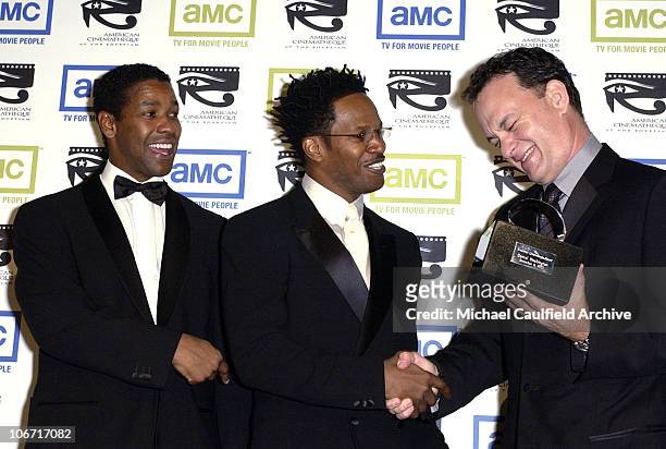 Denzel Washington, Jamie Foxx and Tom Hanks during The 17th Annual American Cinematheque Award Honoring Denzel Washington - Press Room at Beverly...