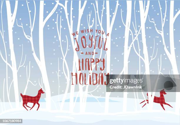 winter christmas greeting design with snowy landscape, trees and plaid deer. - christmas tartan stock illustrations