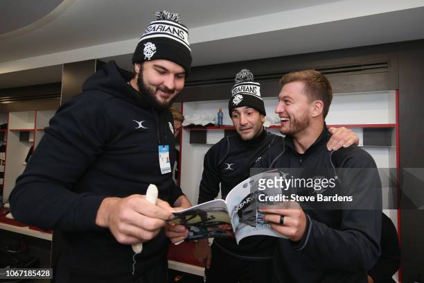 Lood de Jager, Juan Manuel Leguizamon and Handre Pollard of the Barbarians in the Barbarians dressing room prior to the Killick Cup match between...