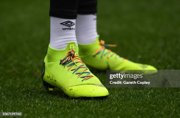 Detailed view of some football boots where Stonewall Rainbow Laces can be seen prior to the Premier League match between Huddersfield Town and...