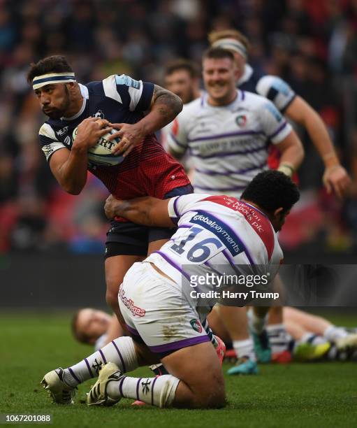 Charles Piutau of Bristol Bears is tackled by Tatafu Polota-Nau of Leicester Tigers during the Gallagher Premiership Rugby match between Bristol...