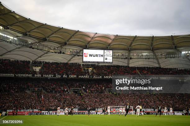 General view inside the stadium as fans look on as they protest by not showing any support during the first half of the Bundesliga match between VfB...