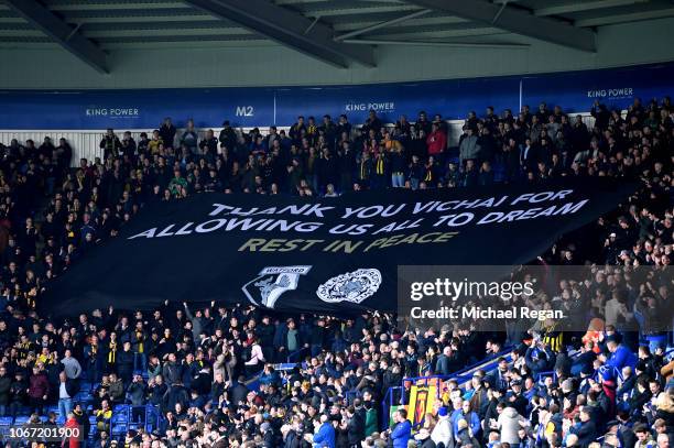 Watford fans display a banner in honour of Leicester City chairman Vichai Srivaddhanaprabha prior to the Premier League match between Leicester City...