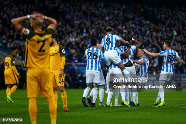 Mathias Zanka Jorgensen of Huddersfield Town celebrates after scoring a goal to make it 1-0 during the Premier League match between Huddersfield Town...