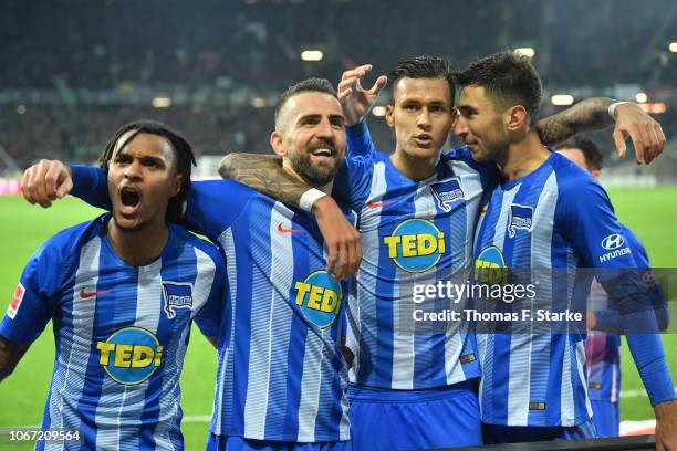 Valentino Lazaro, Vedad Ibisevic, Davie Selke and Marko Grujic of Berlin celebrate their teams second goal during the Bundesliga match between...