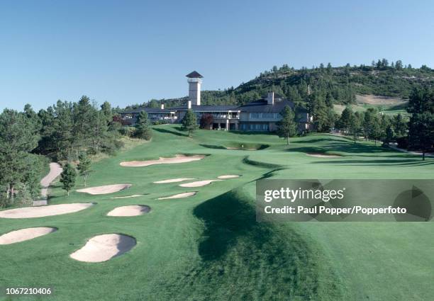 The 18th hole and Club House of the Castle Pines Golf Club in Castle Rock, Colorado, circa 1985.