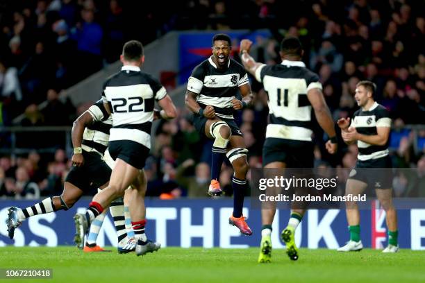 The Barbarians players celebrate at the final whistle during the Killik Cup match between the Barbarians and Argentina at Twickenham Stadium on...